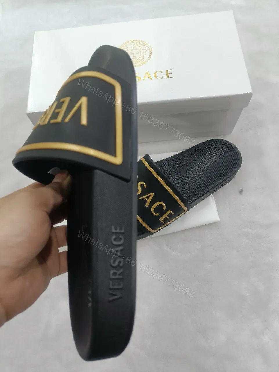 View 2 of Patterned Strap Slides with Gold Accent, Luxe Comfort Sandals