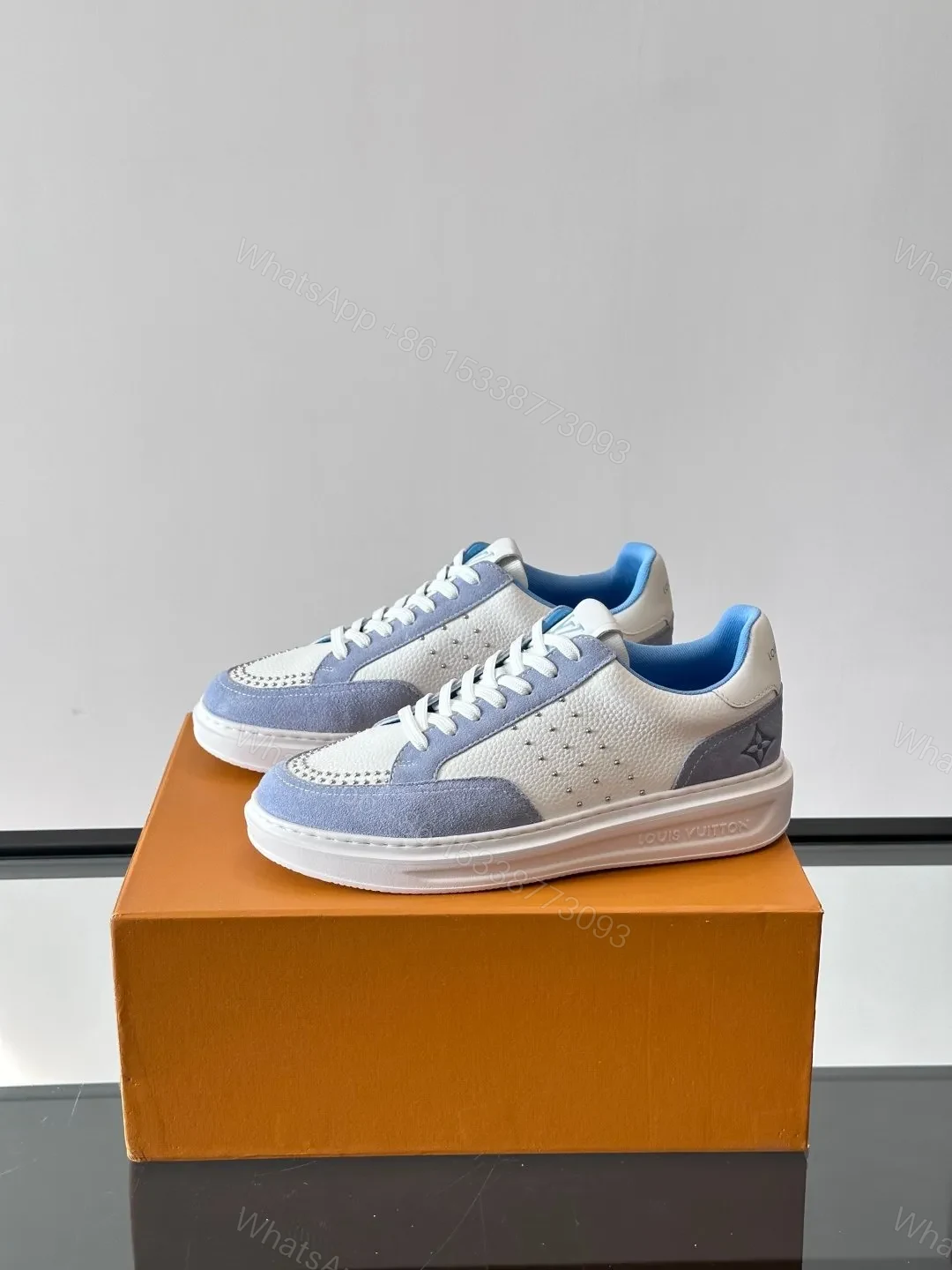 View 3 of LV Men White Blue Leather Suede Sneakers