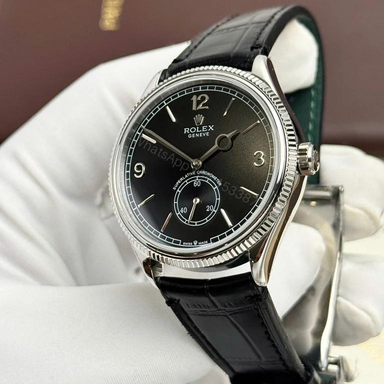 View 2 of Rolex Perpetual 1908 39mm Super Clone Black Dial Leather Strap