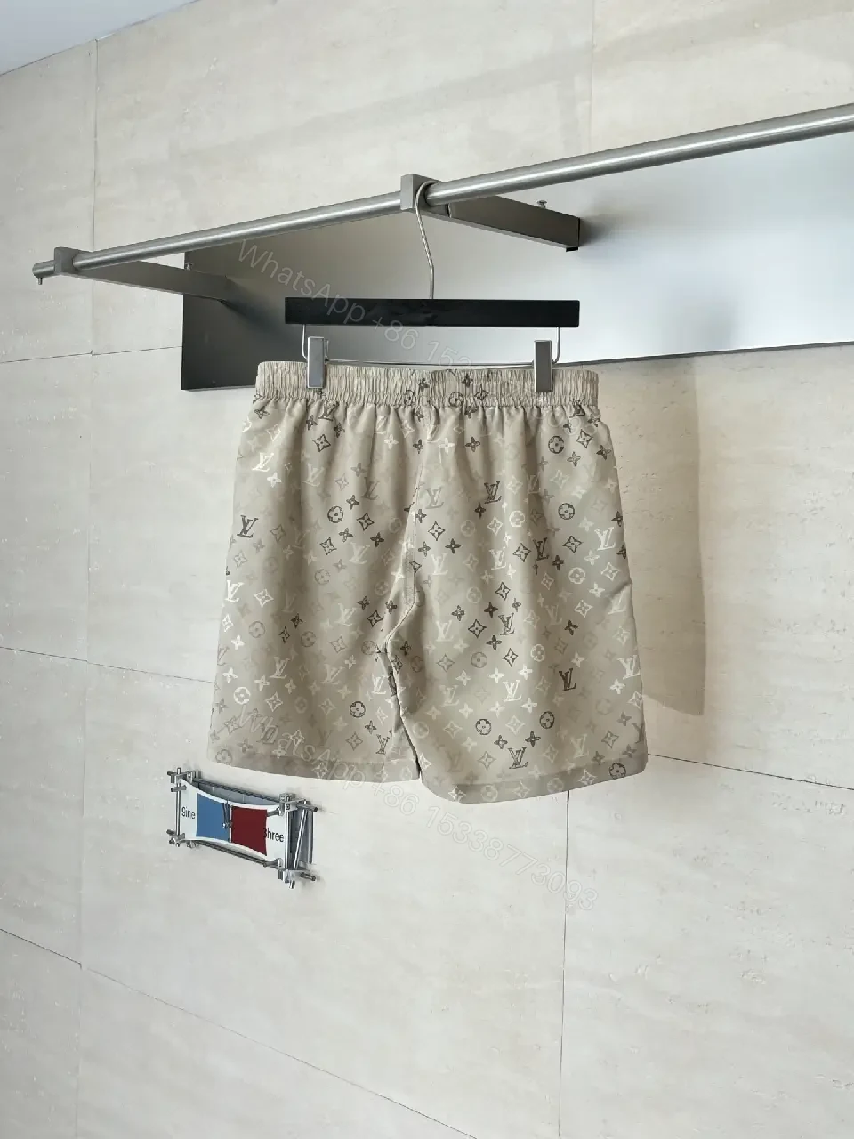 View 10 of Beige LV Monogram Print Linen Shorts Casual Comfort Jogger shorts