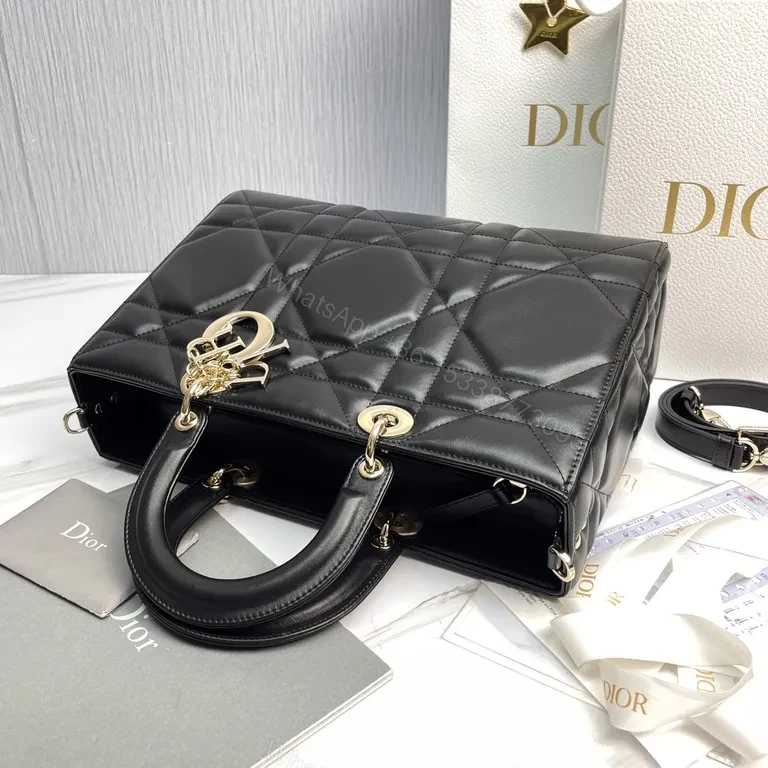 View 3 of Structured Quilted Black Calf Leather Handbag with Dior Charms