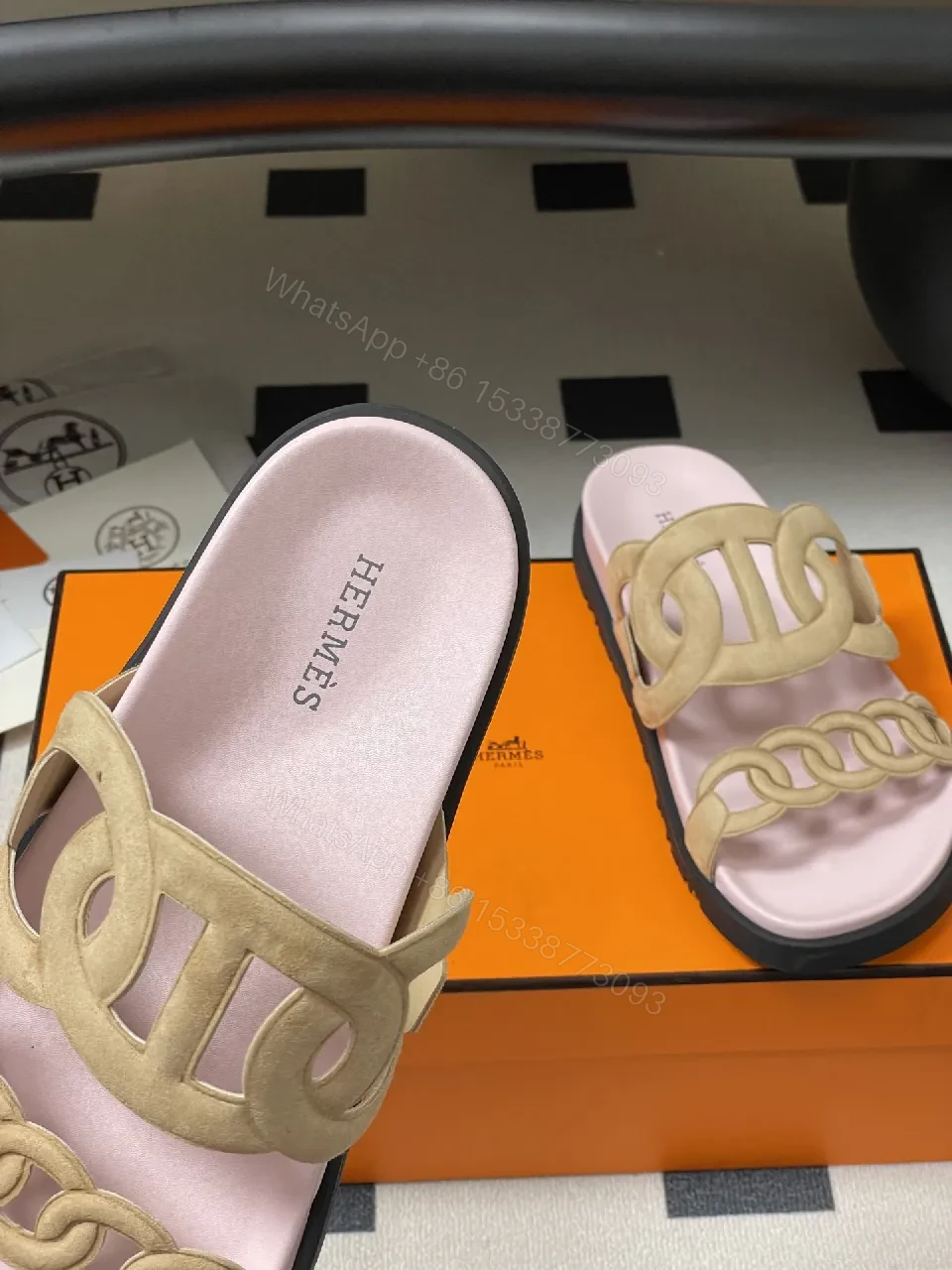 View 6 of Soft Pink Leather Slides with Signature Interlaced Straps