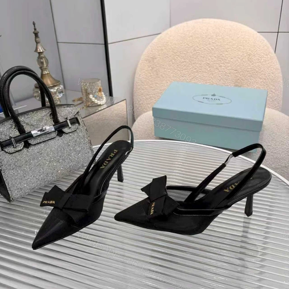 View 5 of Prada Mesh Fabric Slingback Pumps In Black