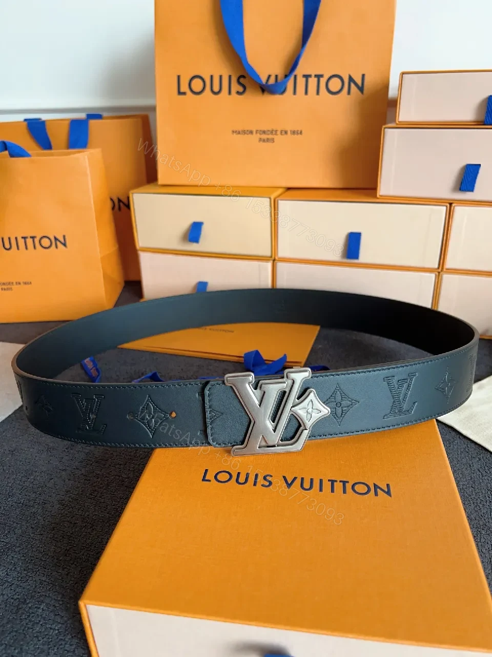 View 8 of Lux Black Leather Belt with LV Monogram & Silver Buckle
