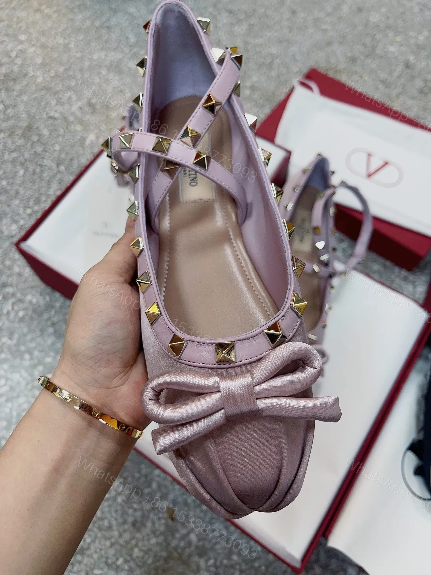 View 2 of Valentino Women Pink Satin Studded Flats