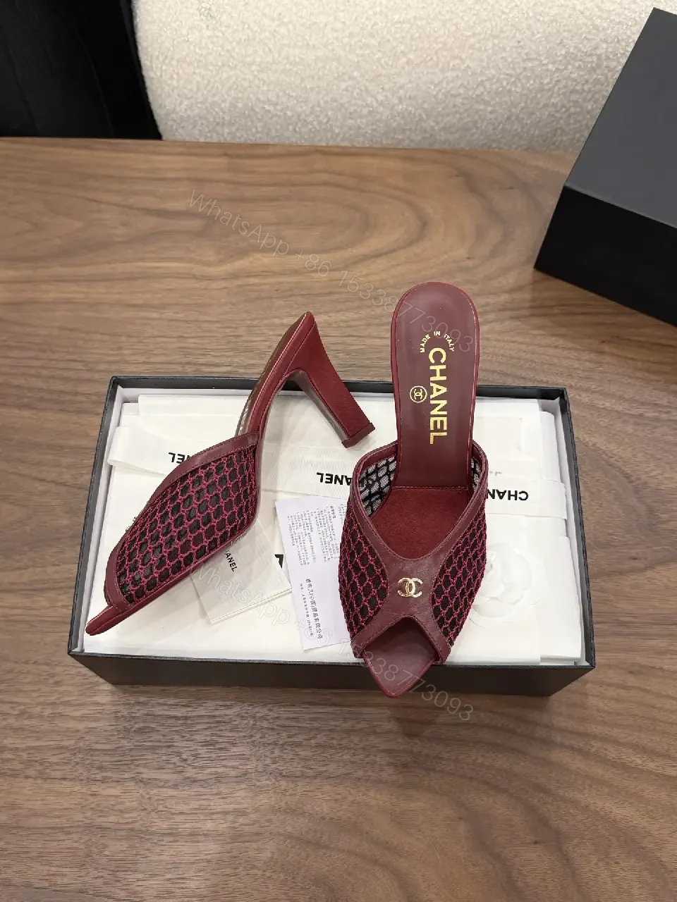 View 9 of Red Leather Mesh Heel Sandals Classic Chanel Style Mid Heel Sandal