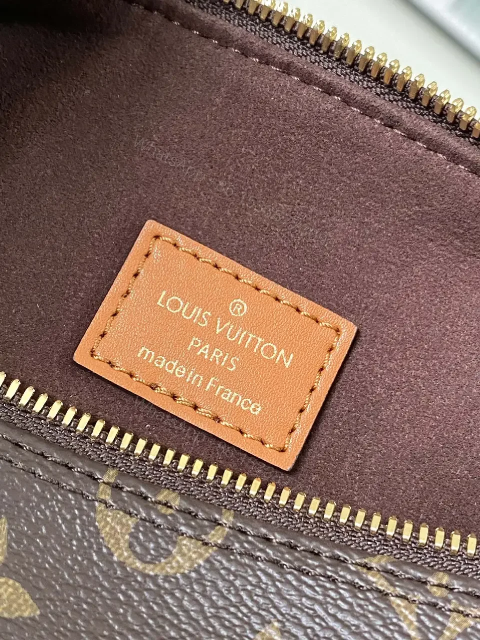 View 9 of Brown Monogram Canvas Satchel with Tan Leather Trim, Structured Style, Gold Hardware, Top Handles