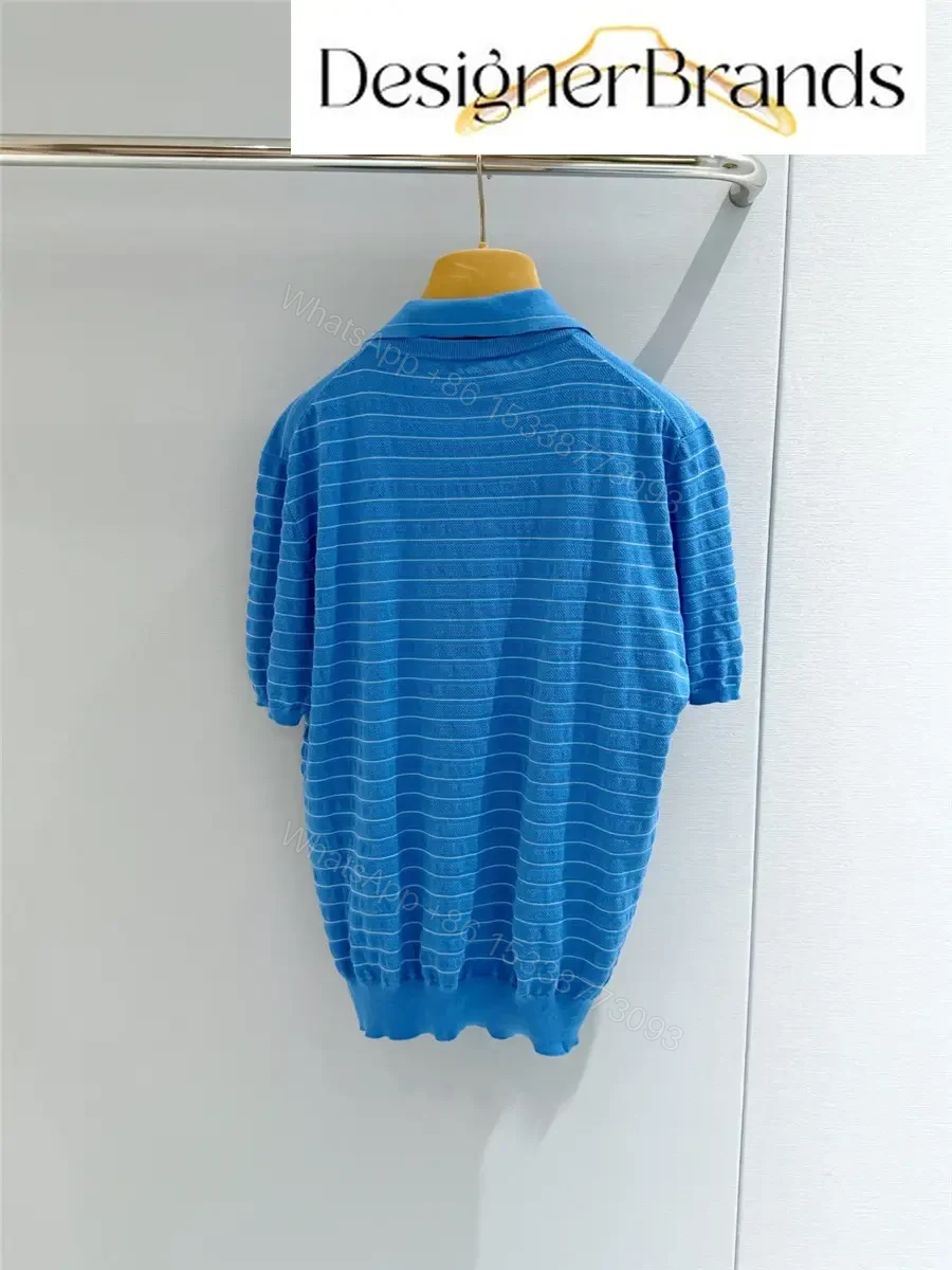 View 5 of Miu Miu Blue and White Striped Cotton V-Neck Knit Sweater
