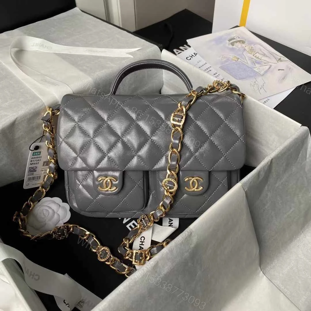 View 3 of Chanel AS4993 Flap Bag with Top Handle Shiny Lambskin