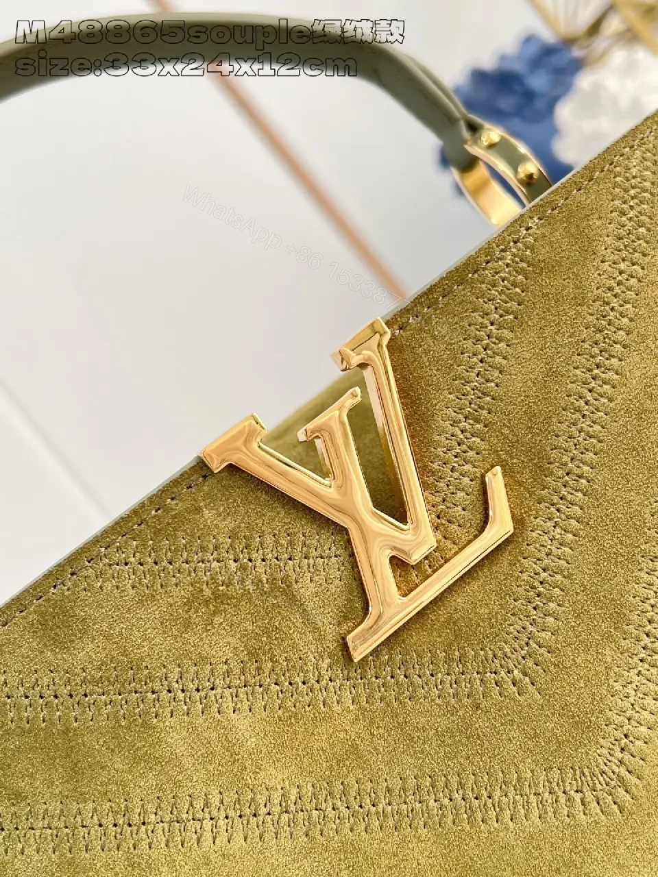 View 3 of Olive Suede Structured Handbag with Gold Accent