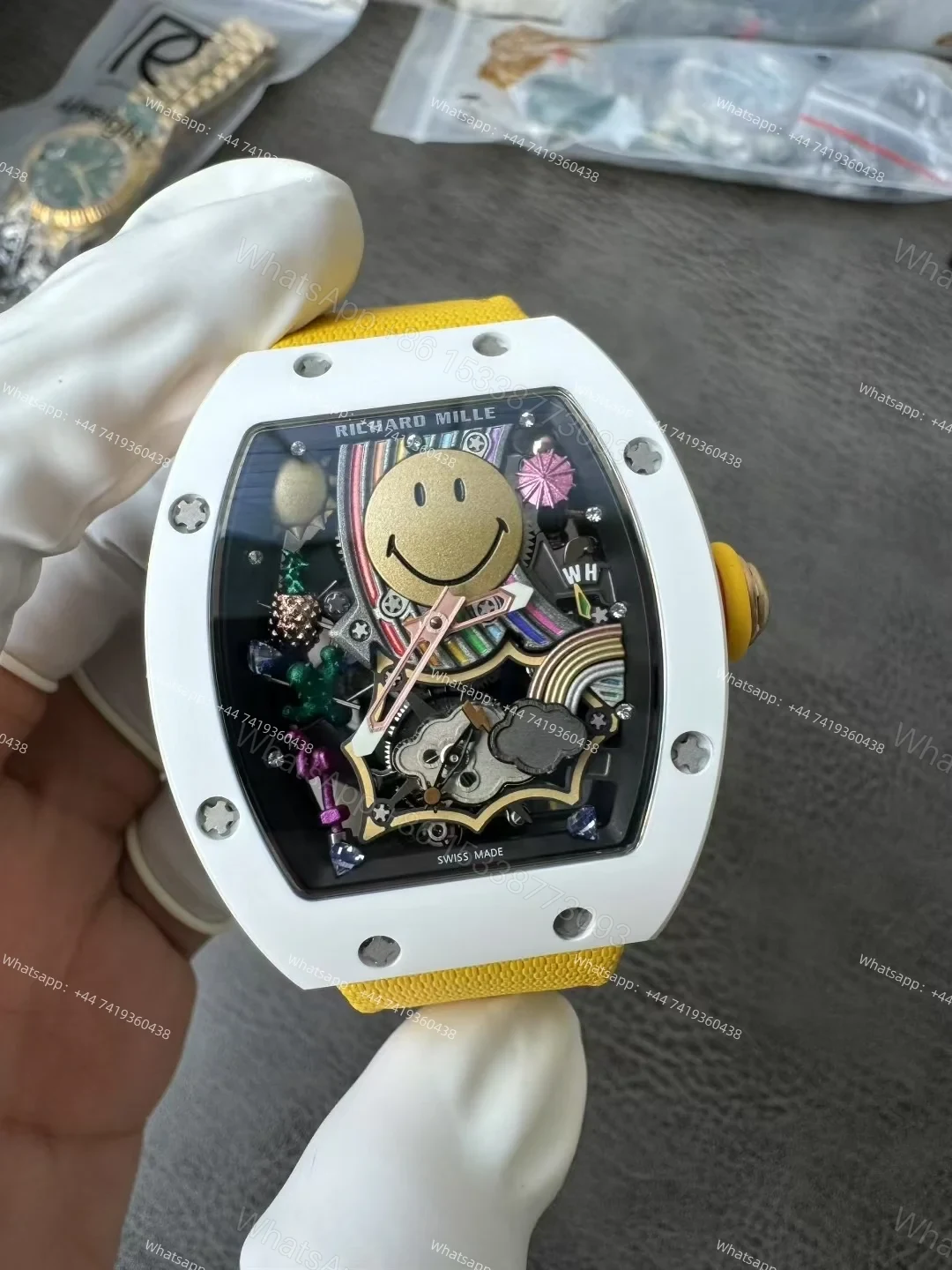 Super Clone Richard Mille RM 88 Smiley White Ceramic Yellow Strap 1:1 Replica Watch — view 1