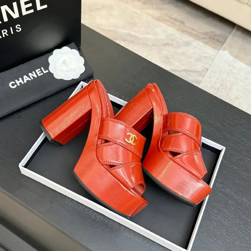 View 5 of Bold Red Platform Mules with Gold Logo Hardware