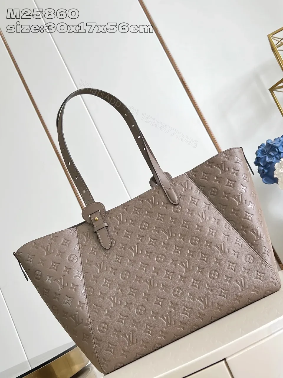 View 5 of Taupe Leather Tote: Structured Modern Monogram with Secure Hardware