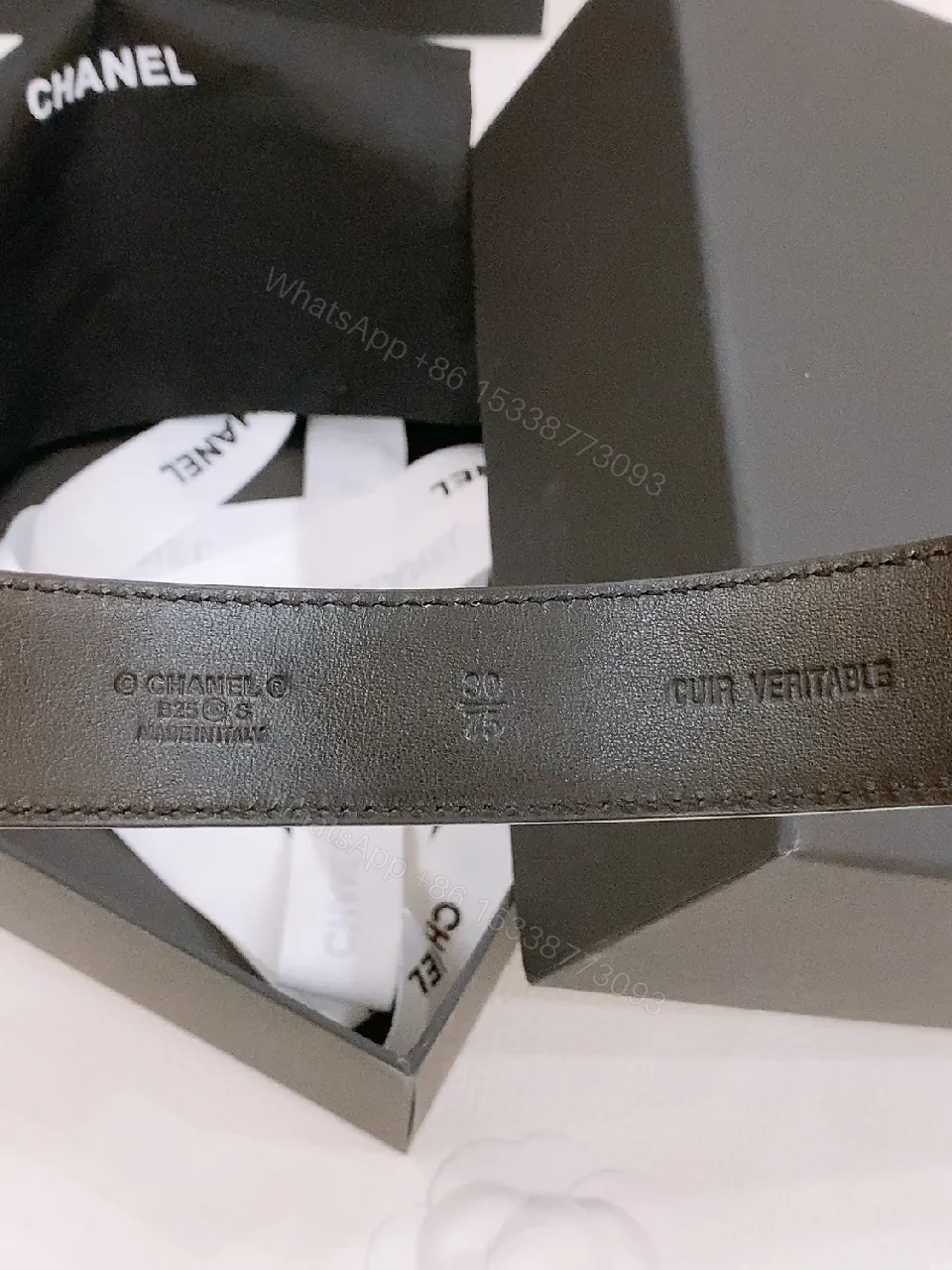 View 5 of Black Quilted Leather Belt with Gold Double-C Logo Buckle