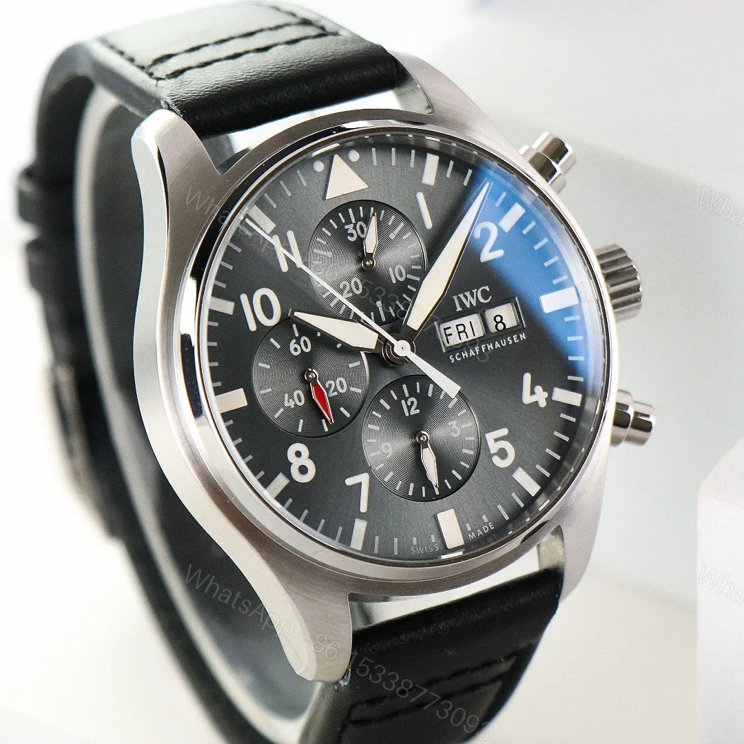 View 3 of IWC Pilot Chronograph Grey Replica 43MM Premium Black Leather Strap Edition IW378003
