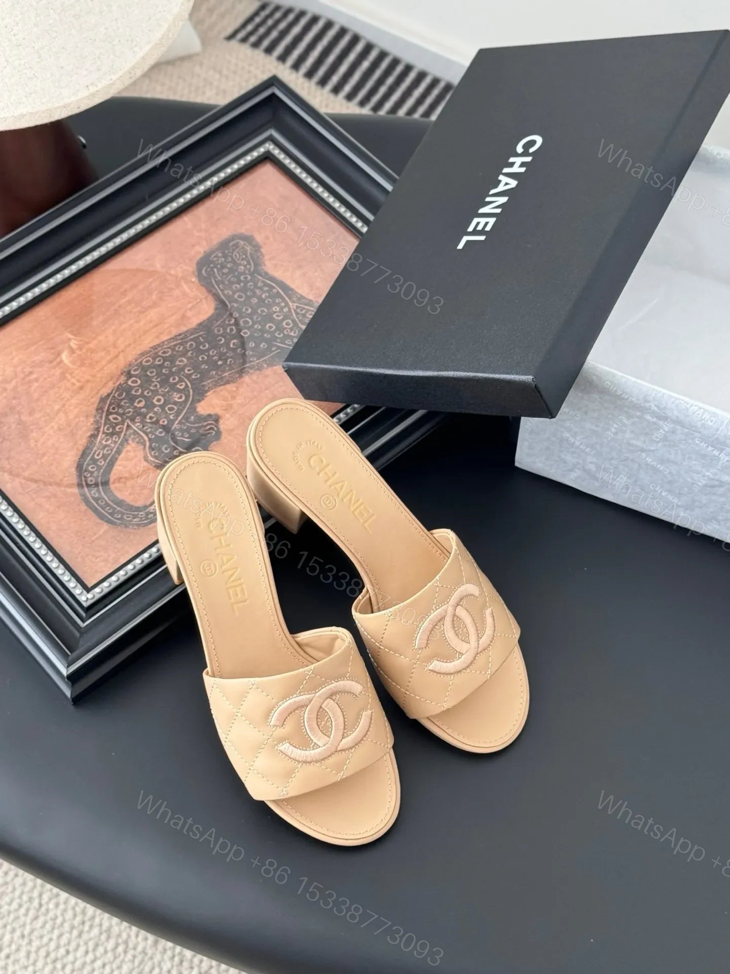 View 6 of Chanel Women Beige Leather Quilted Slides