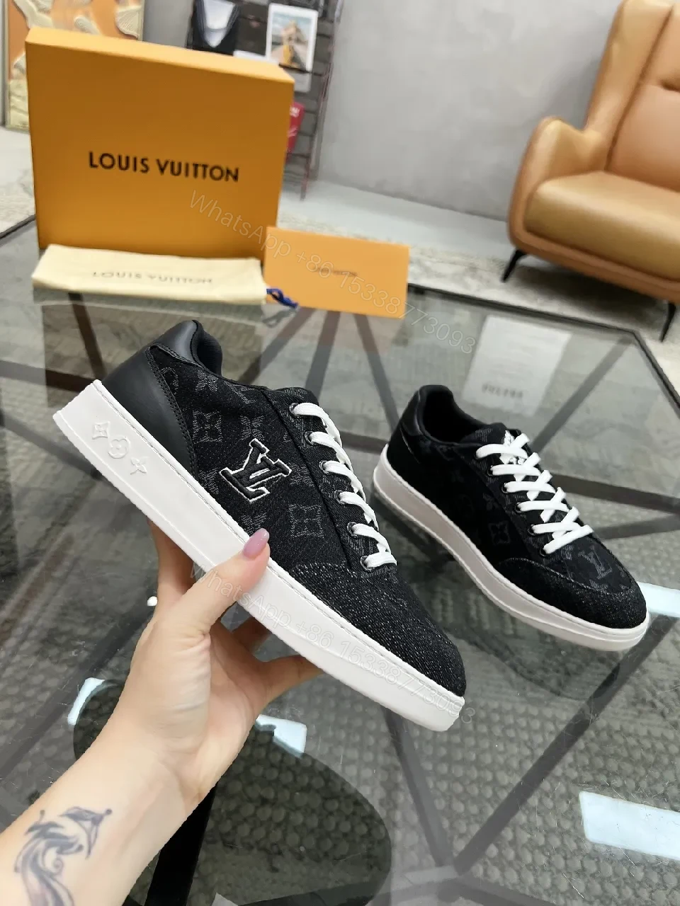View 7 of Denim-Texture Sneakers with LV-Inspired Embroidery, All-Day Comfort