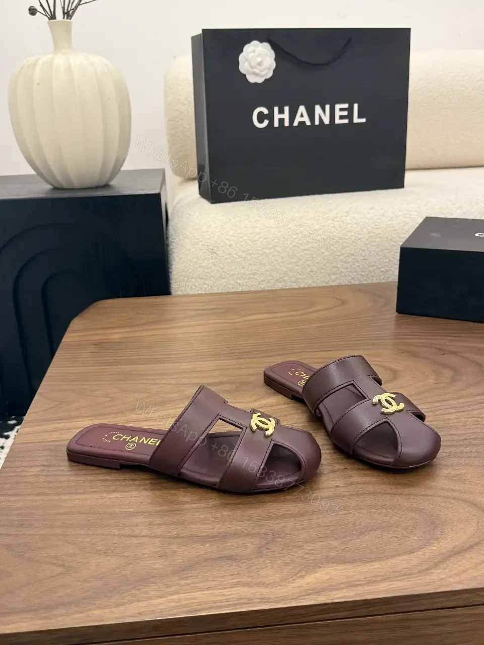 View 2 of Brown Leather Sandals, Gold CHANEL Logo, Slides, Open-Toe Style