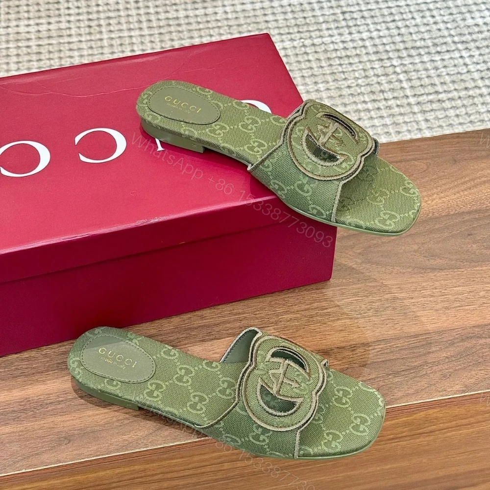 View 8 of GUCCI WOMEN SLIDE SANDAL WITH INTERLOCKING G GREEN GG CANVAS‎ ‎790447 9SF00 3005