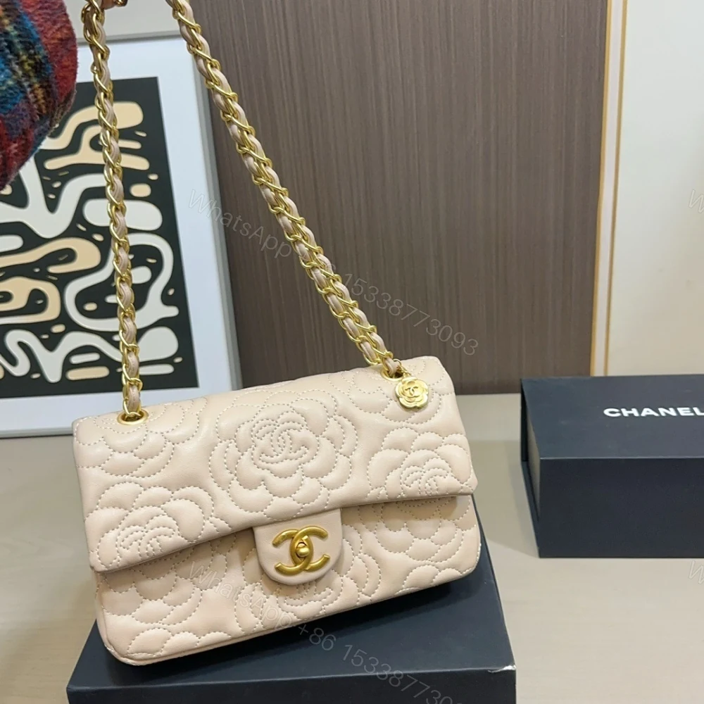 View 3 of Chanel Flap Bag With Camellia Flower Chain Beige 26Cm