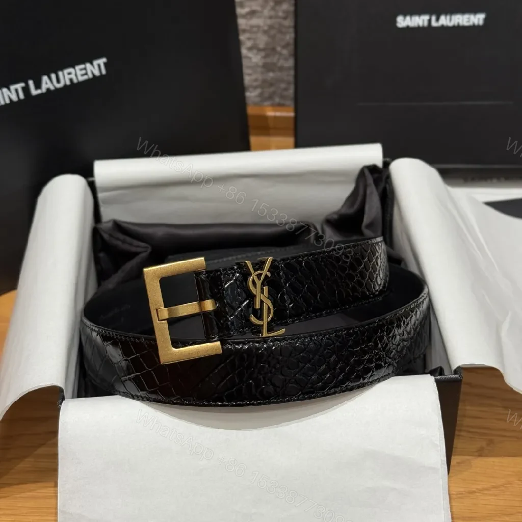 Croc-Texture Black Belt with Gold Buckle – Modern Luxury Belt — view 1