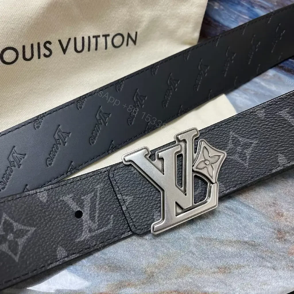 View 6 of Classic Leather Belt with Subtle Monogram, Dark Navy/Black, Premium Style