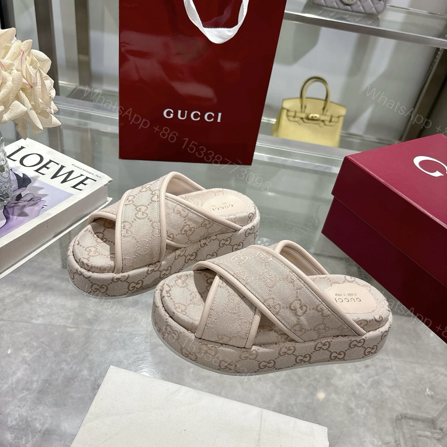 View 3 of GUCCI WOMEN’S GG PLATFORM SANDAL LIGHT PINK 816798 FAD9D 6845