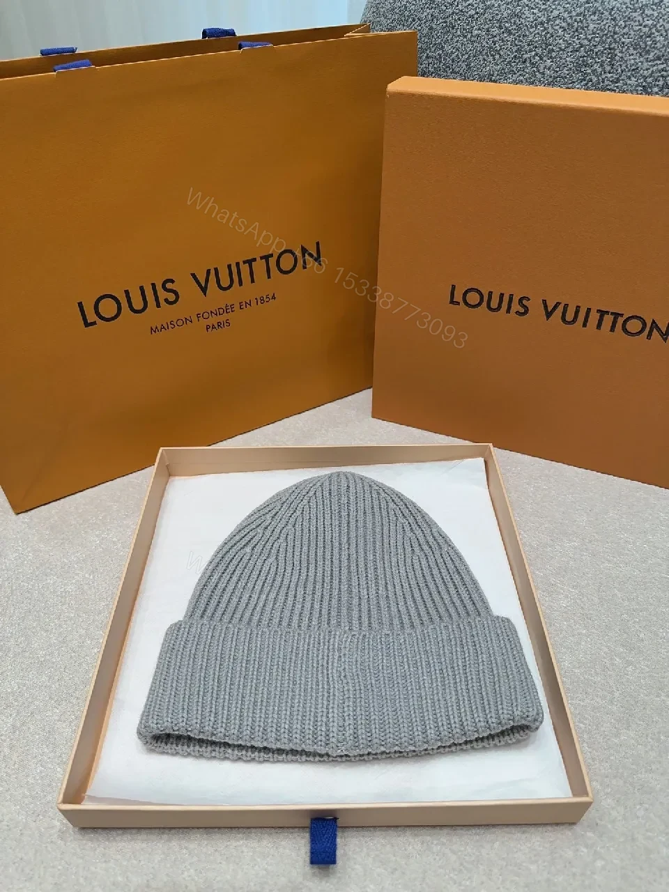 View 2 of Textured Knit Beanie, Gray Wool Blend, Minimalist, Discreet Logo, Beanie