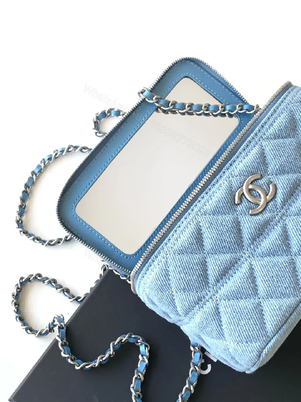 View 8 of Denim Mini Bag: Quilted Charm, Silver Hardware, Chain Strap