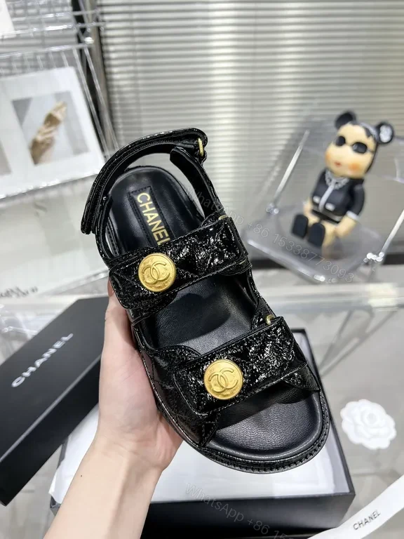 View 4 of Chanel-Inspired Black Patent Sandals with Gold Buttons