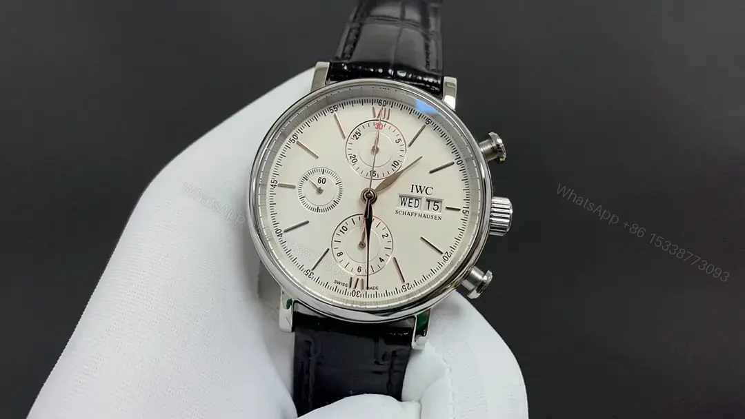 View 2 of IWC Portofino Chronograph Watch White Dial Black Leather Strap Ultimate 42MM IWC-PORT-CHR-WHT42-BLK