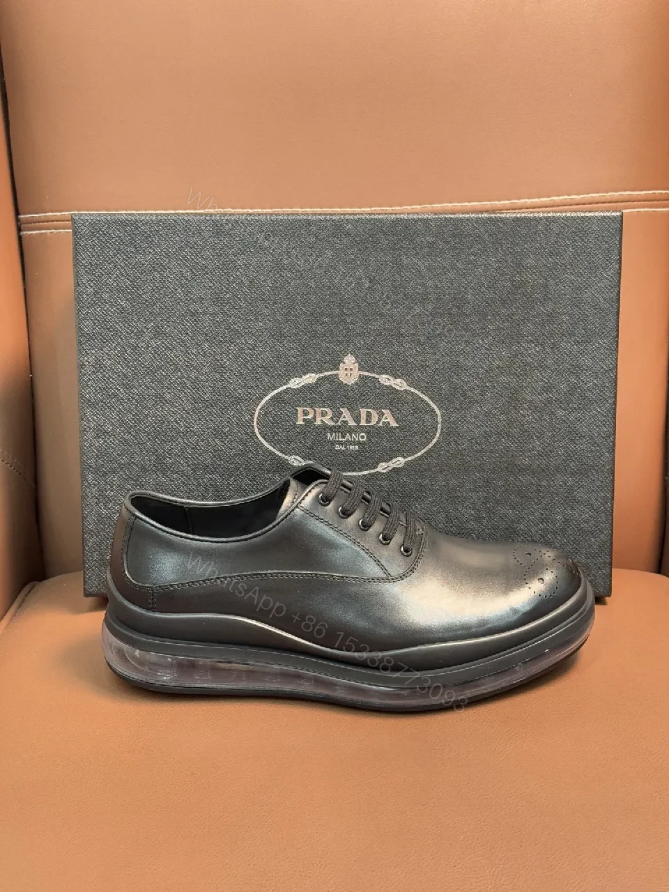 View 6 of Black Leather Lace-Ups with Translucent Sole, Minimalist Futuristic Style, Premium Workday Shoe