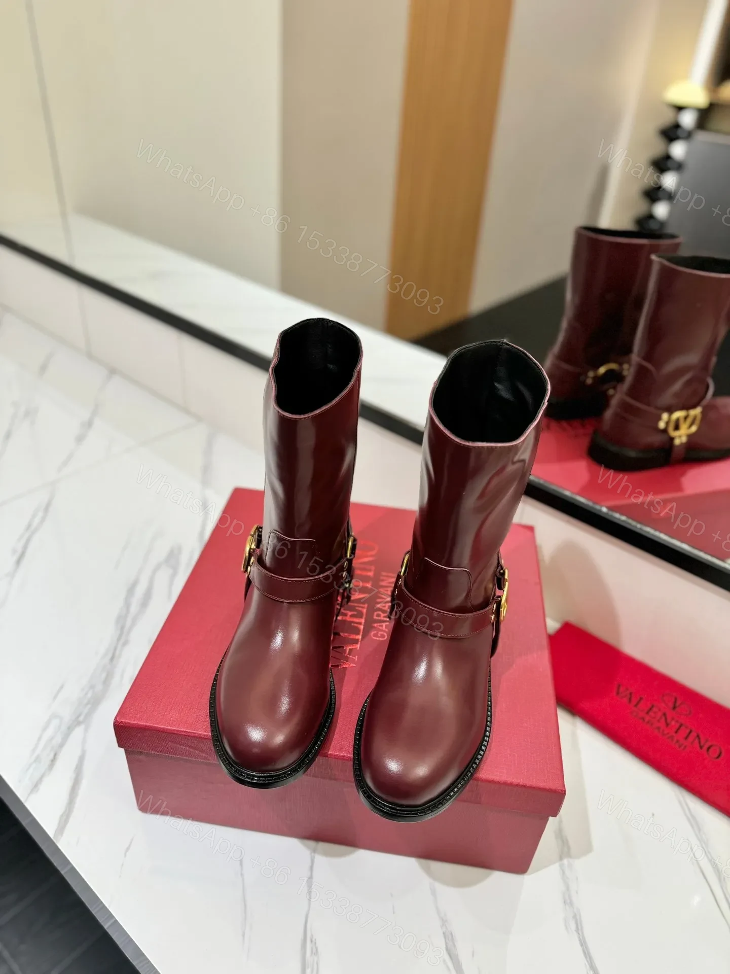 View 4 of Valentino Women Burgundy Leather Mid-Calf Boots