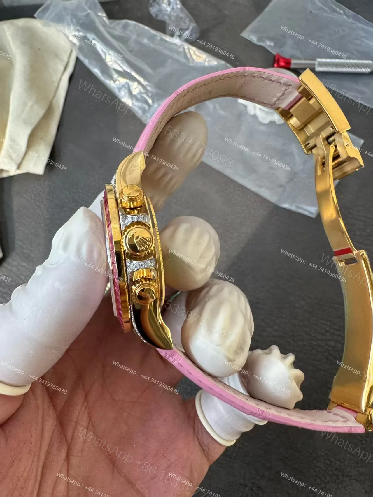 View 6 of Rolex Daytona 126538TRO Pink Dial with Diamond Indexes Pink Sapphire Bezel on Pink Leather Strap Best Super Clone