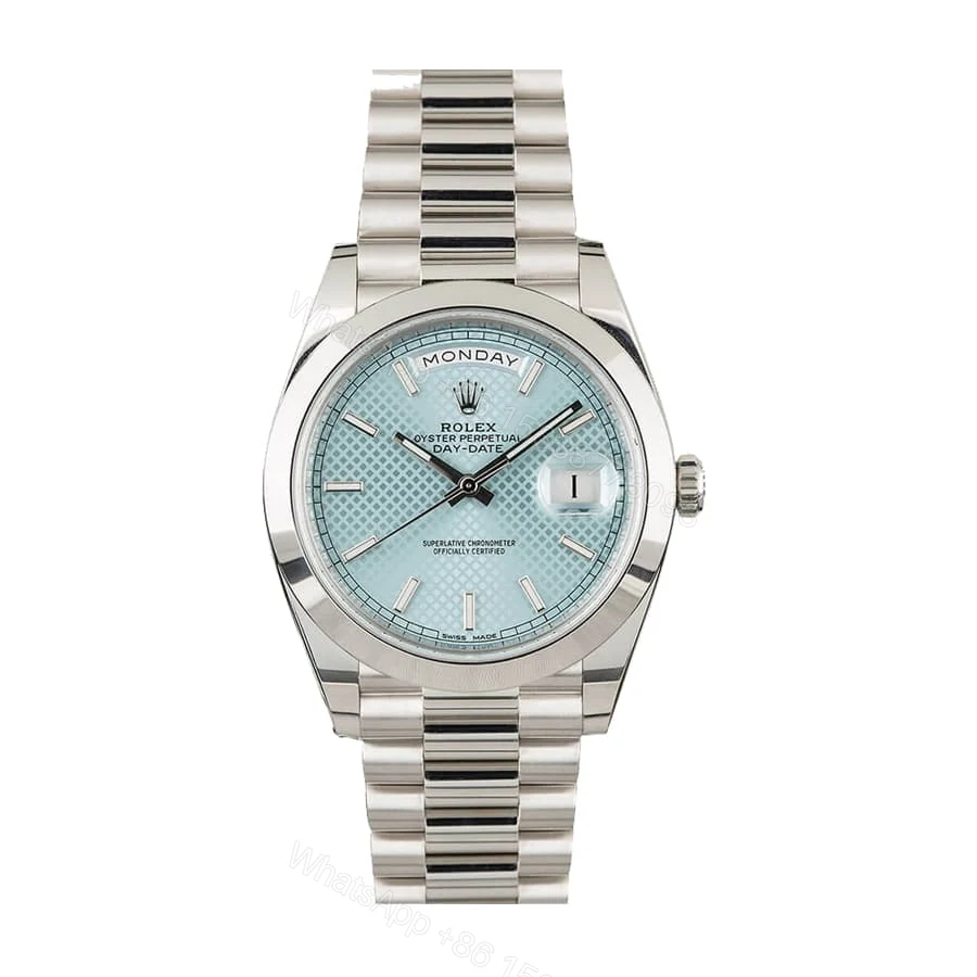 Rolex Day-Date 228206 Super Clone: 40mm Platinum Presidential with Ice Blue Baguette Diamond Dial — view 1
