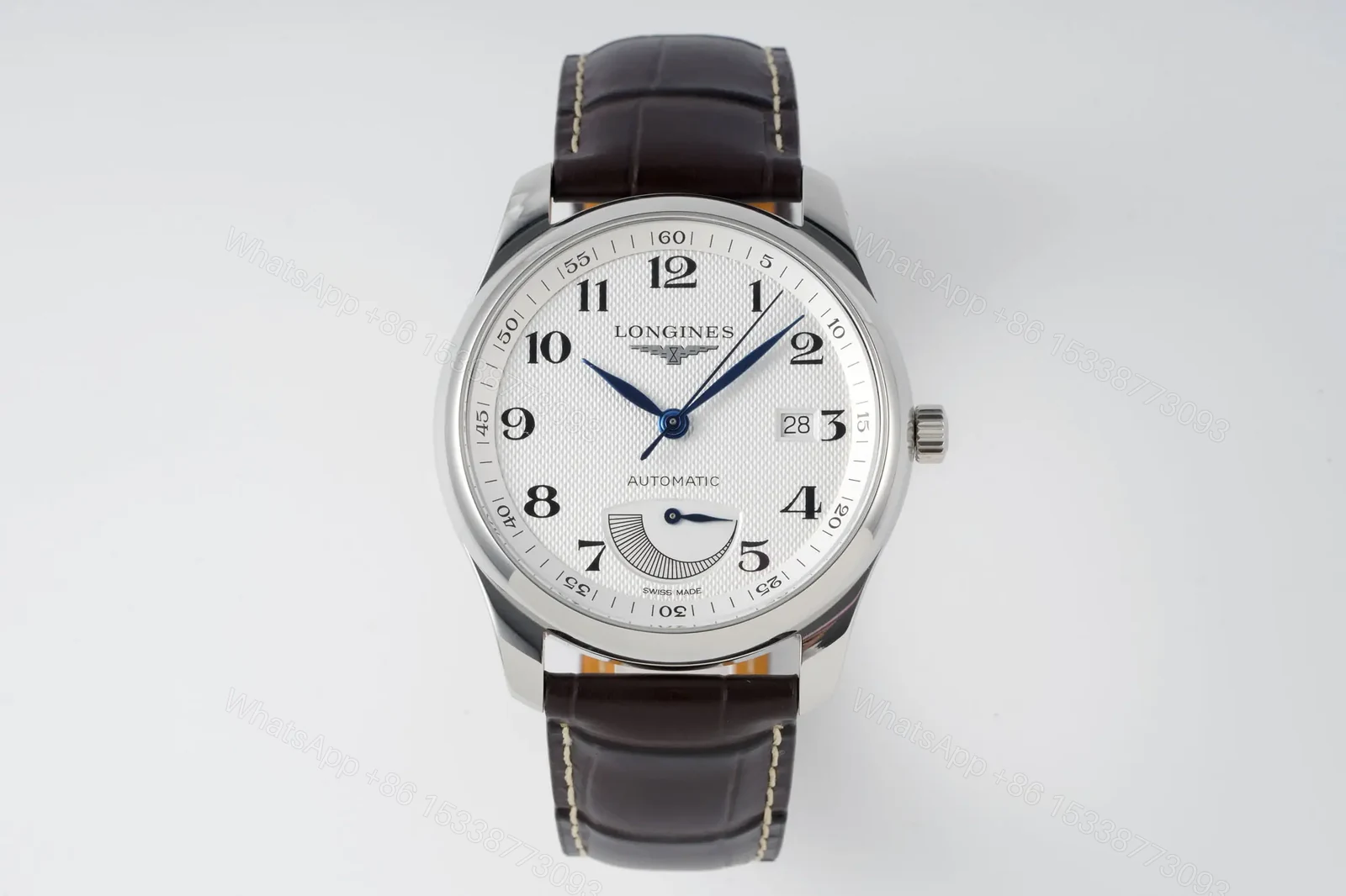 Longines Master Collection Automatic Watch Silver Dial Blue Hands Brown Leather Strap — view 1
