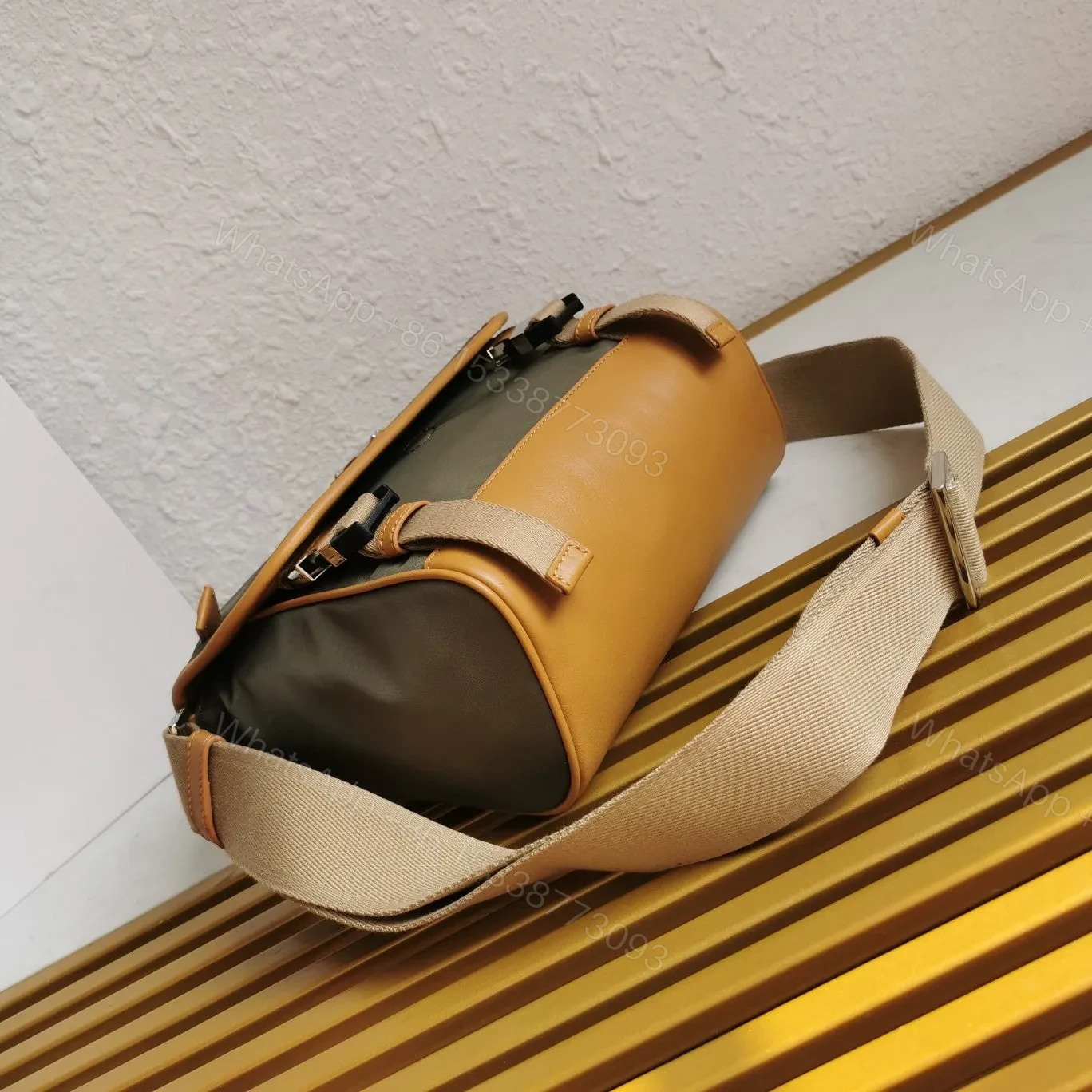 View 3 of MESSENGER BAG 20 IN KHAKI GREEN RE-NYLON AND BROWN CALFSKIN TRIM