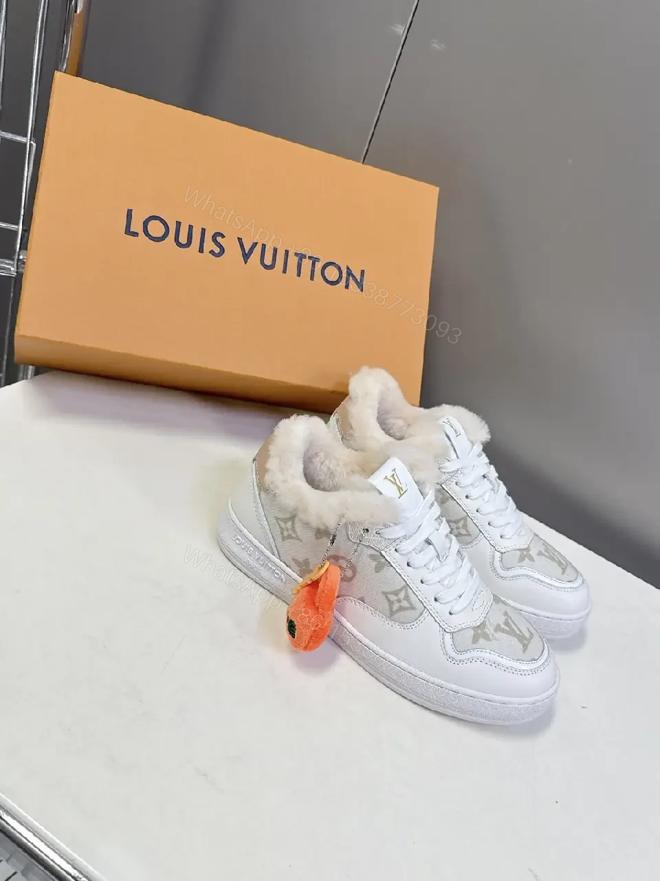 View 6 of White Leather Fur-Trim High-Top Sneakers + Plush Detail