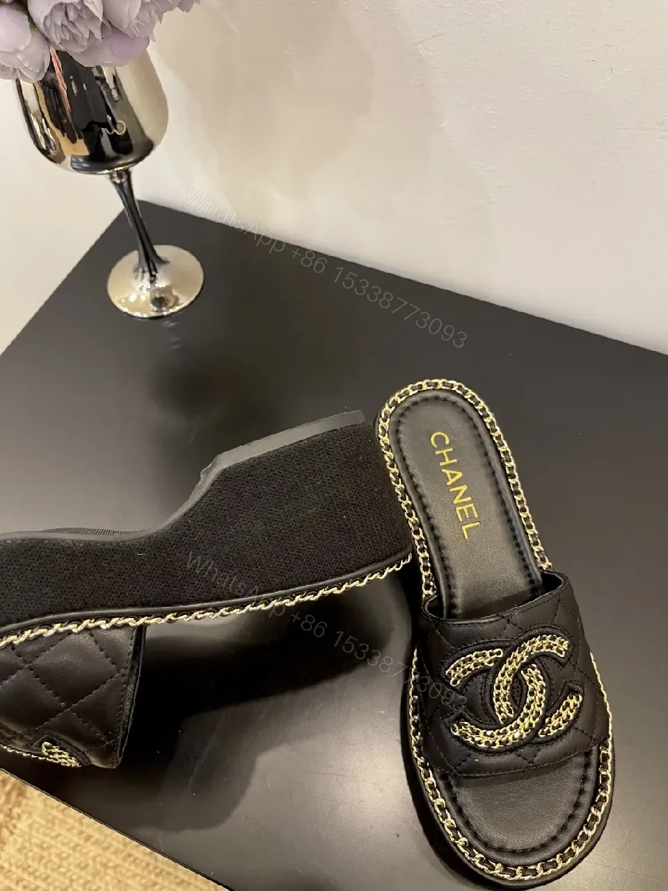 View 9 of Quilted Black Slides with Chain Trim - Couture Comfort Footwear