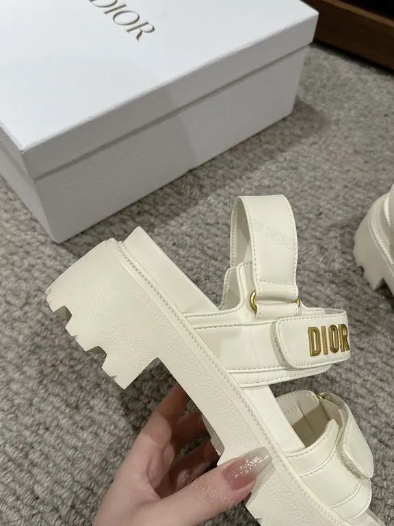 View 6 of Chunky White Leather Sandals with Gold Branding, Dior-Inspired