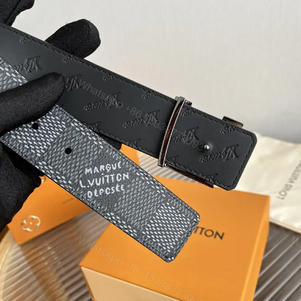 View 5 of Black & Gray Belt with LV Buckle - Modern Geometric Monogram Strap