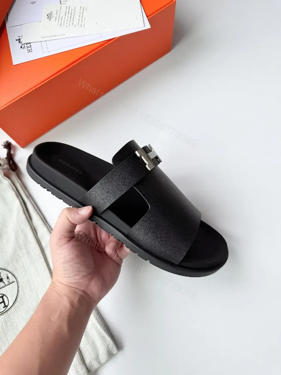 View 12 of Black Leather Slide Metal Buckle Modern Comfort Fit Sandals