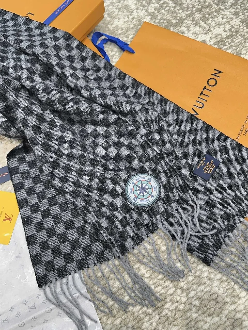 View 6 of Charcoal Charme Knit Scarf with Patch Fringe Detail