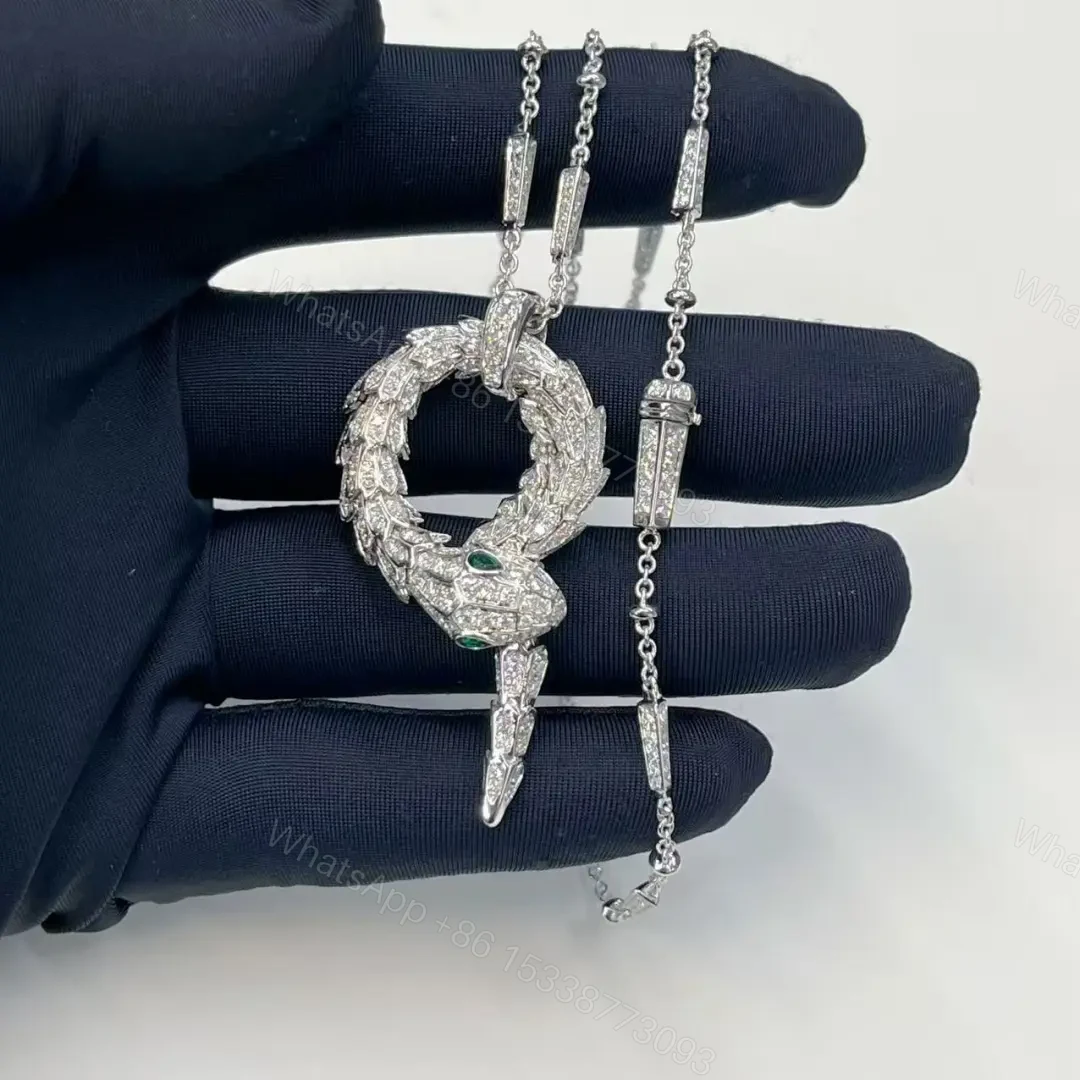 View 4 of 18kt White Gold Bvlgari Serpenti Viper Pendant Necklace with Diamonds and Emerald