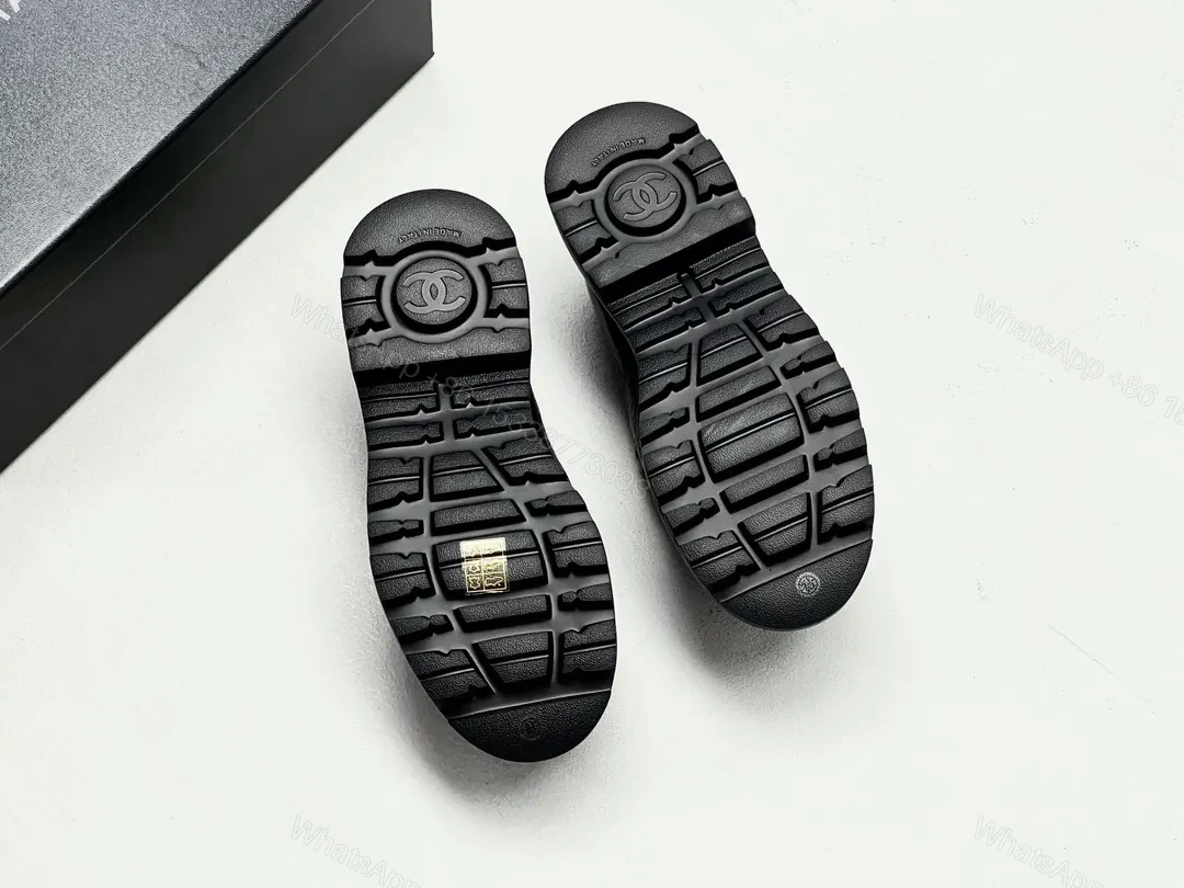 View 2 of Black Leather Chunky-Soled Loafers with Gold Monogram Band