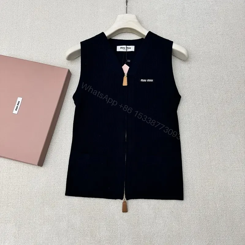 Black Velvet Zip Vest with Logo, Miu Miu Style, Simulated Leather Zip Pulls, Vest — view 1
