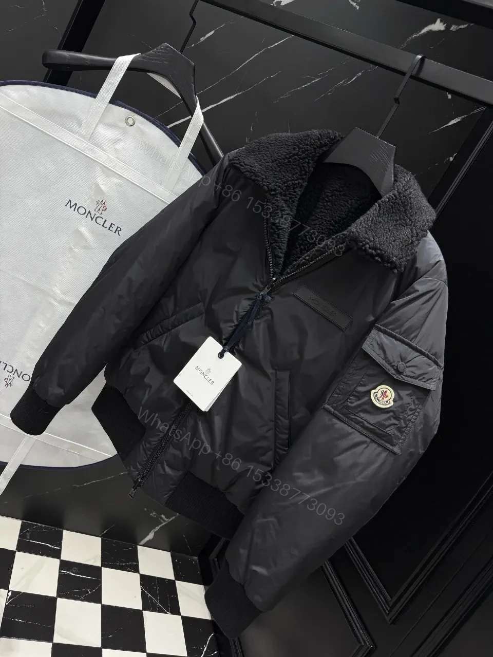 View 8 of Dark Nylon Bomber: Plush Sherpa Collar Jacket with Quilted Shell