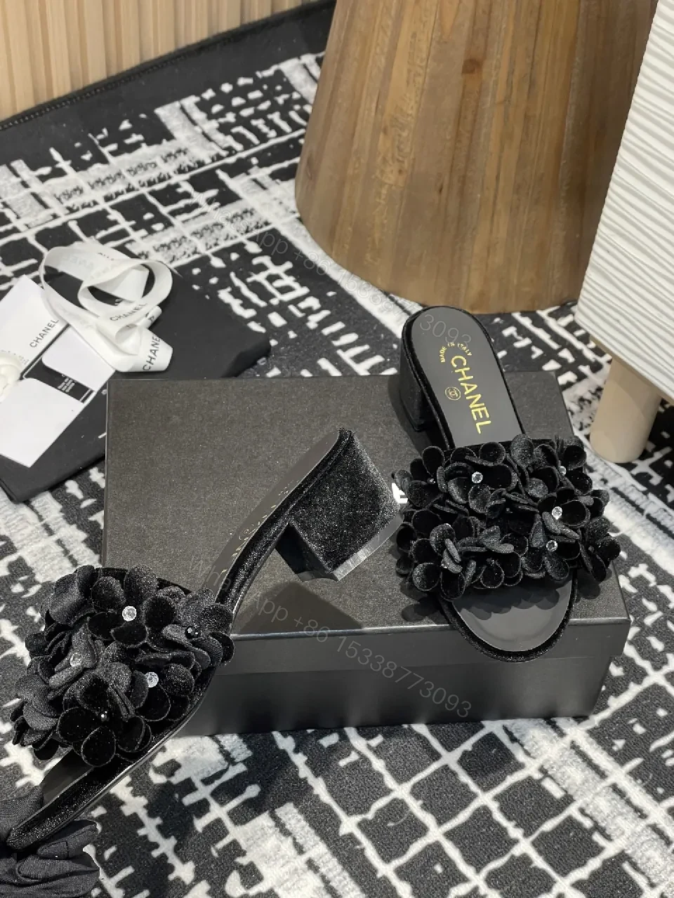 View 8 of Velvet Petal Slip-Ons: Black Crystal-Embellished Slides