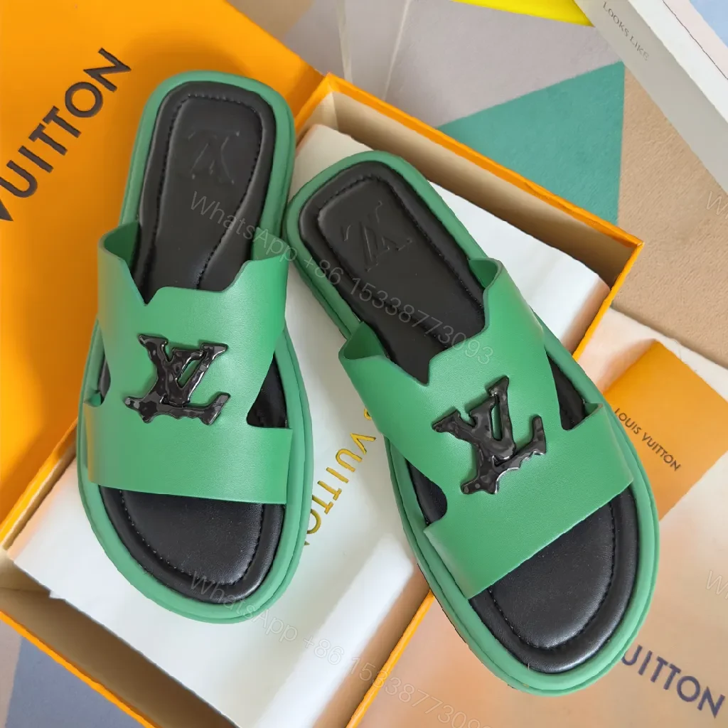 Green Leather Sandals with Bold Logo, Comfort-Oriented Sandals — view 1