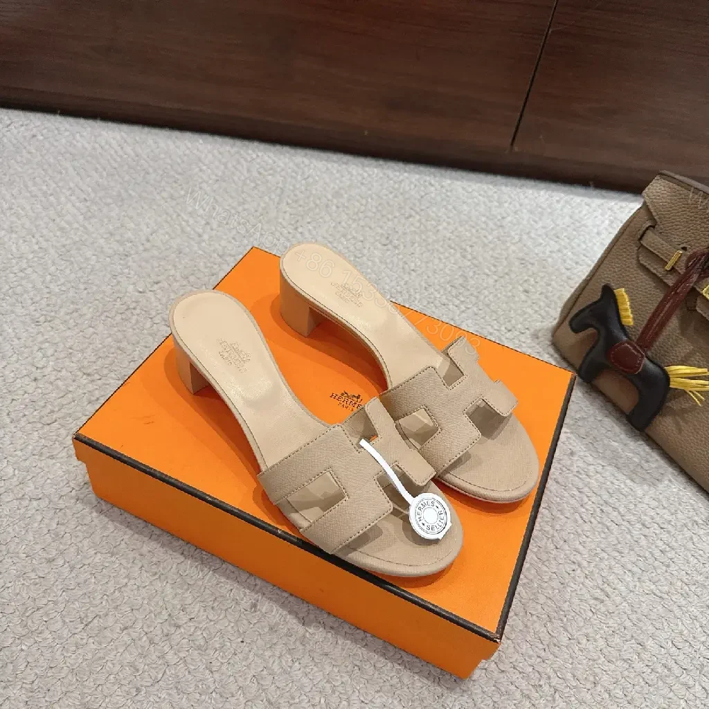 View 7 of Beige Leather Slide Sandals Hermès Style Comfort Shoes